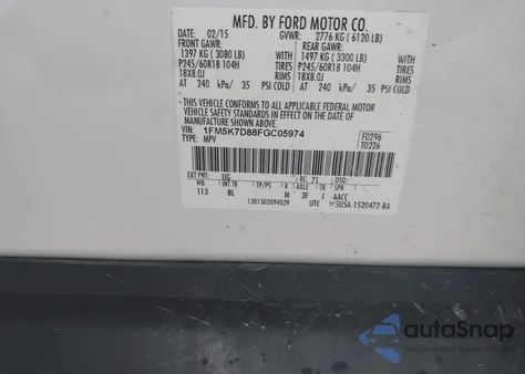 2015 Ford Explorer Xlt from USA, damaged, VIN 1FM5K7D88FGC05974